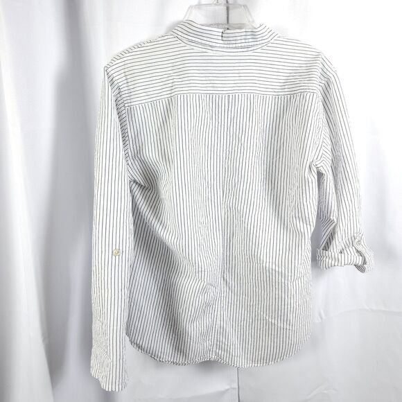 Chico's 1 Womens 8 White Gray Striped Roll-Tab Sleeve Button Down Shirt Blouse - Picture 3 of 6